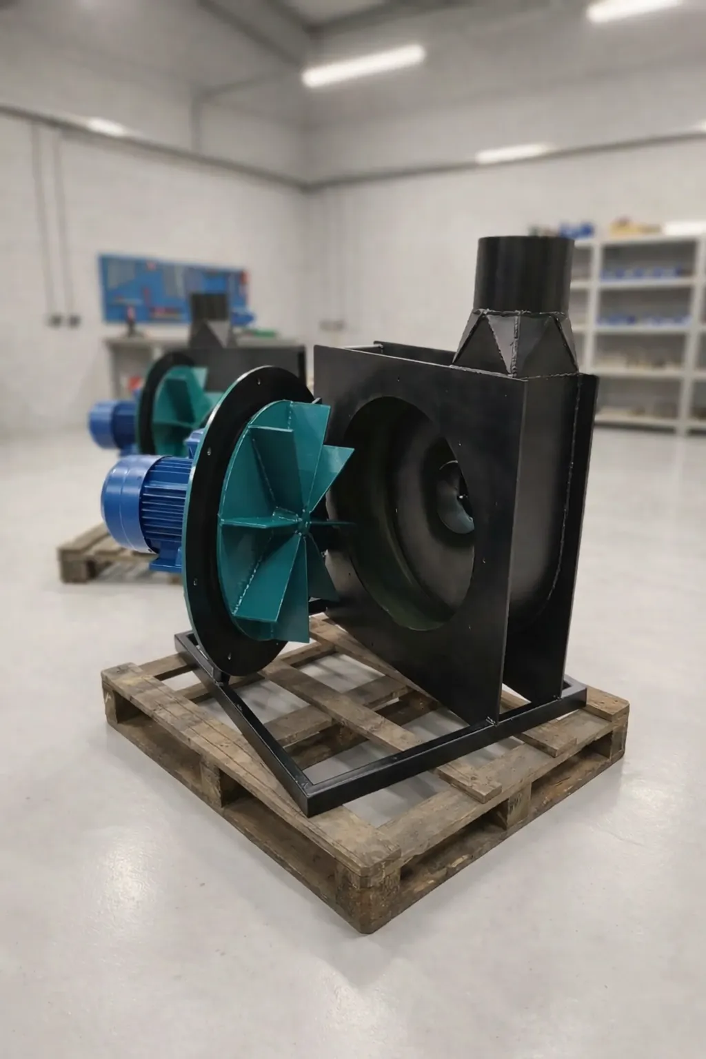 Пневмотранспортер улитка на деревянном поддоне в цехе