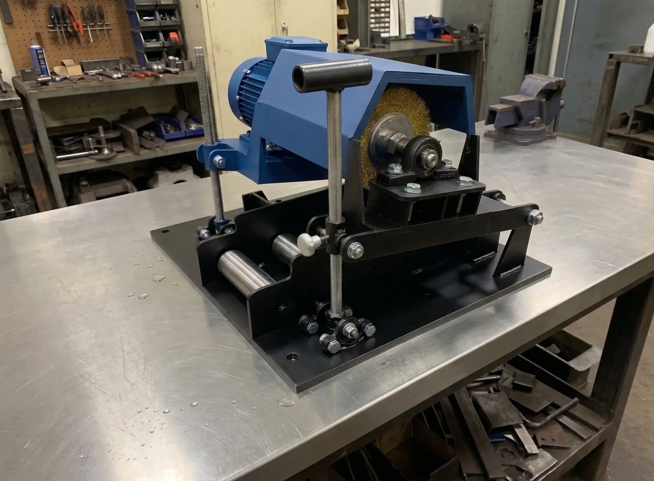 Станок для очистки профильной трубы от ржавчины и окалины на рабочем столе